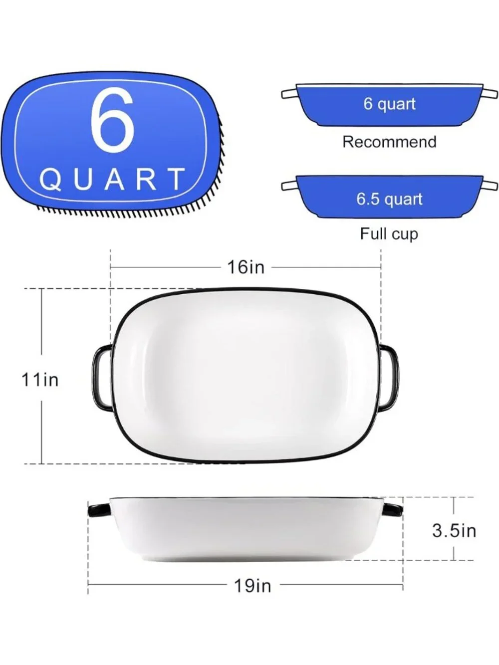 Large 6 Quart Ceramic Baking Dish - 16x11 Casserole Pan for Oven & Microwave